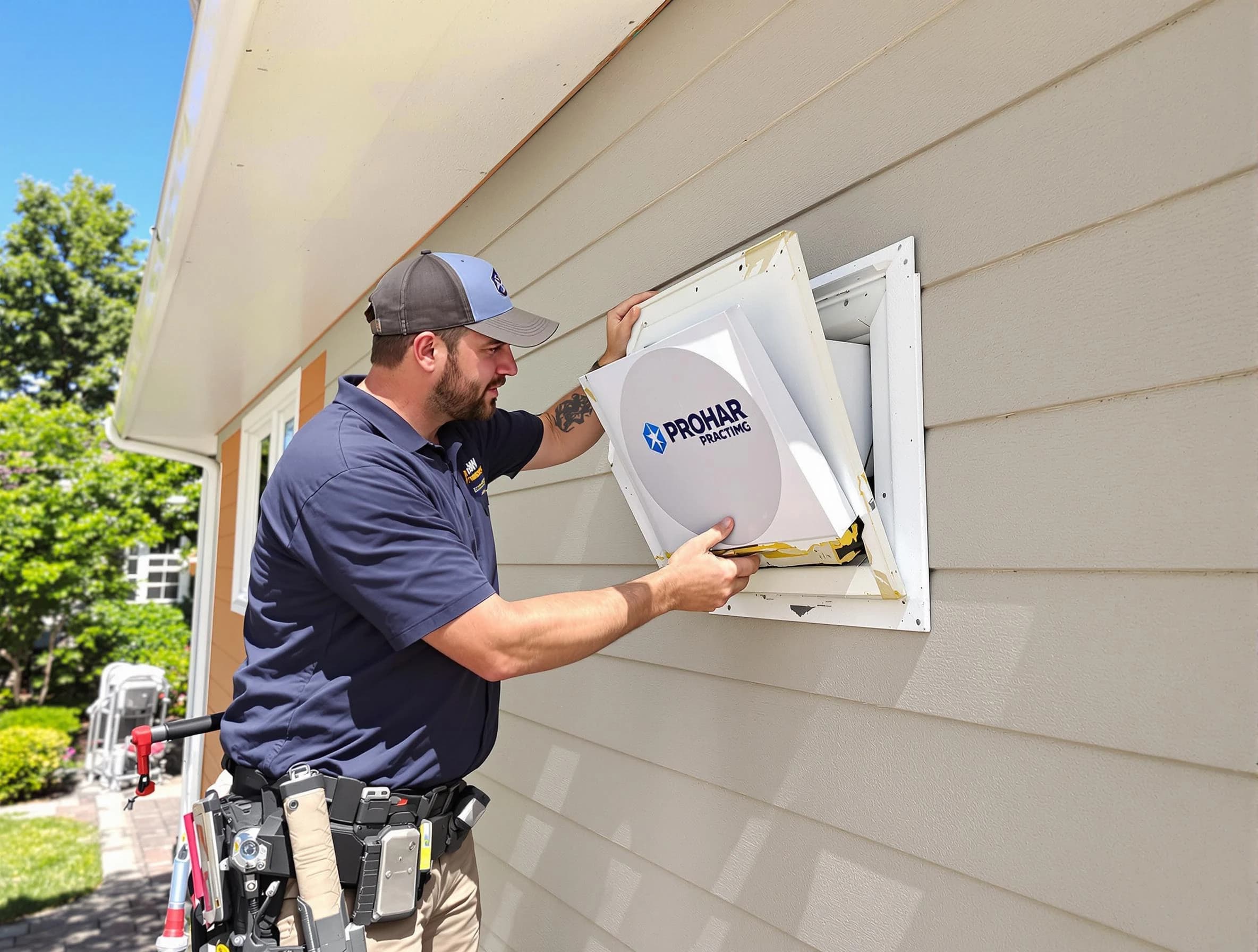 Forest Hills Dryer Vent Cleaning technician installing a new protective dryer vent cover on a home in Forest Hills